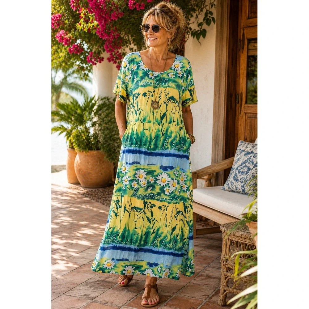 VTG‎ Jams World Maxi Dress L Herb Daisies Art Print 90s Whimsigoth Resort